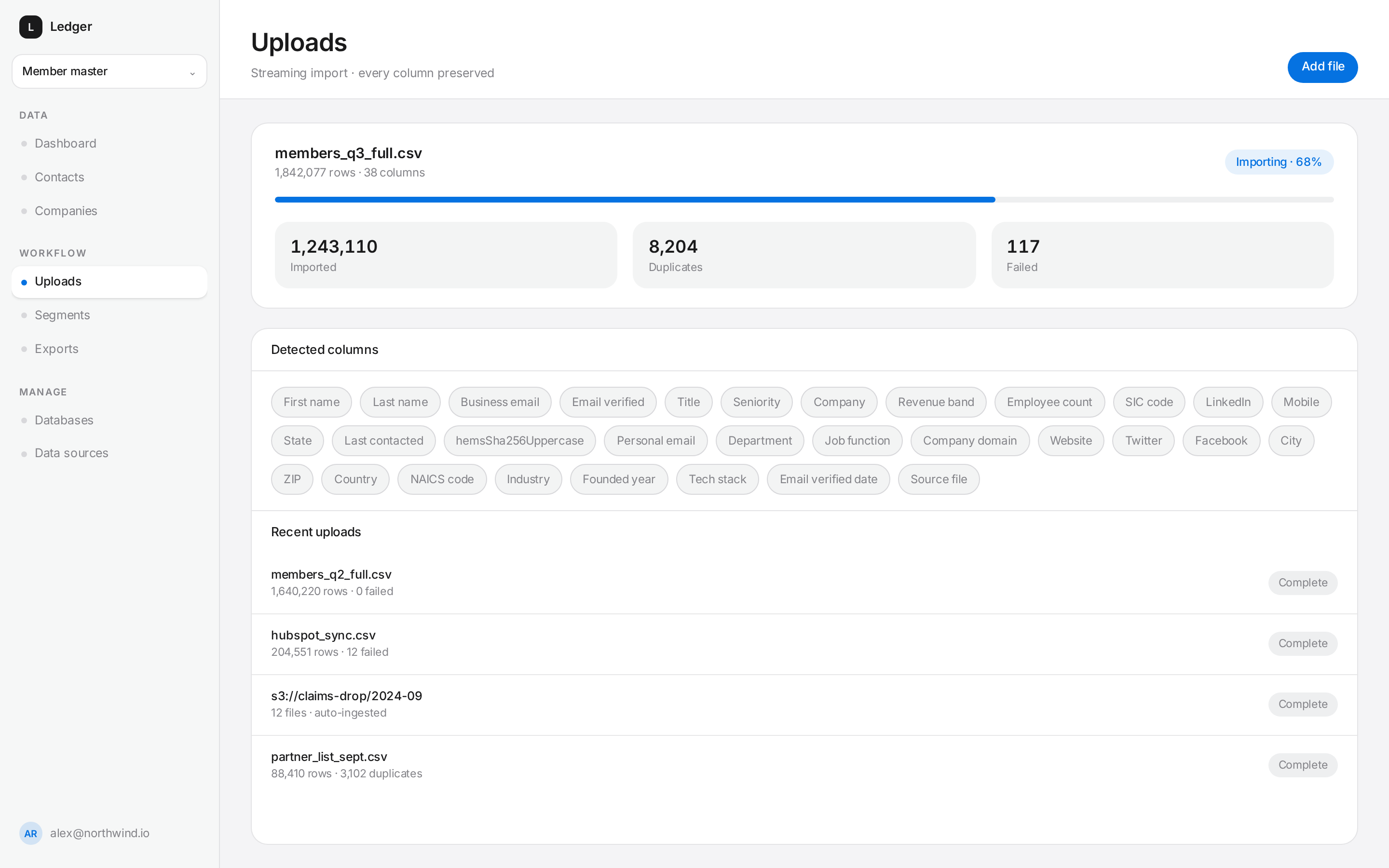 CSV upload in progress with detected columns